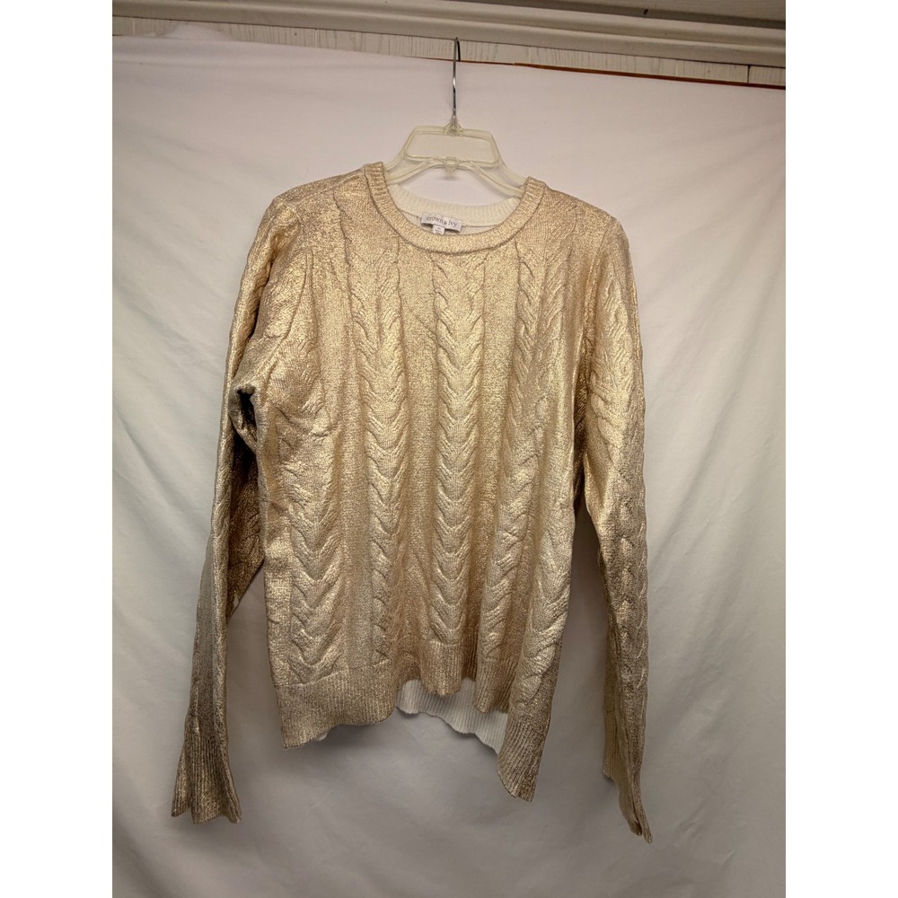 NWOT Crown & Ivy Womens Gold Metallic Cable Knit Sweater Crew Neck Medium